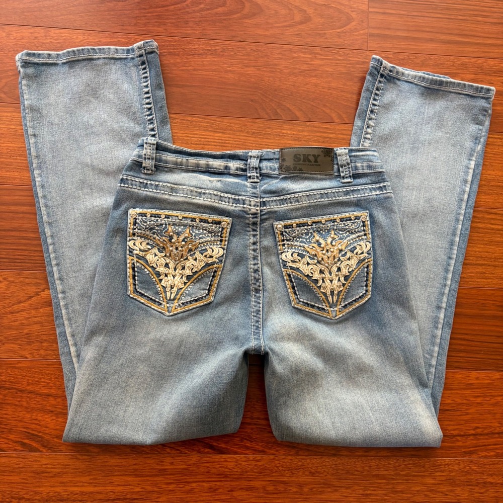 Y2K Low Rise Flared Bootcut Jeans Embellished Flap Pocket Blue Denim Streetwear
